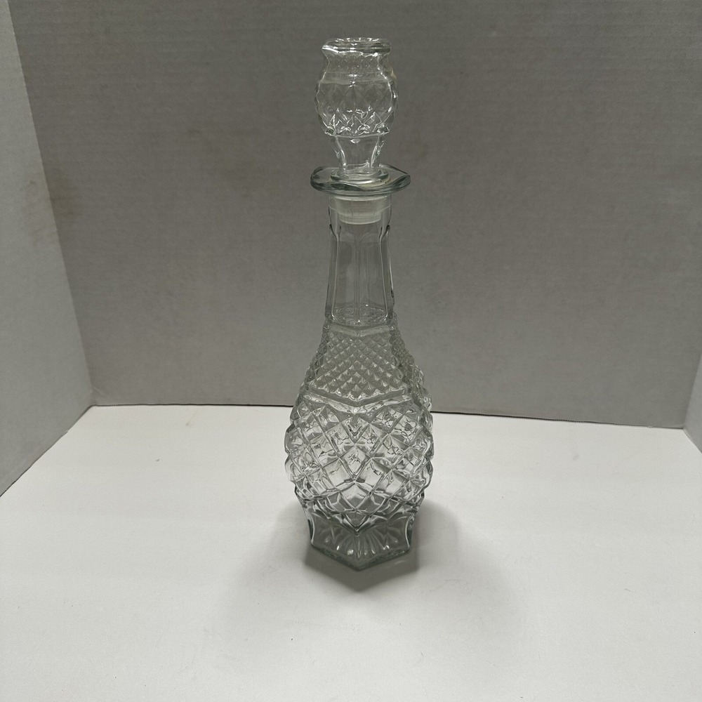 Pressed Glass Decanter Diamond Point Pattern Hexagonal Base Clear 12.5in